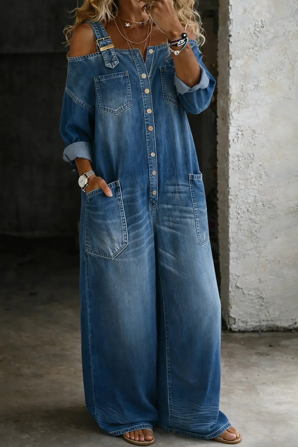 Off Shoulder Denim Jumpsuit - Casual Women's One Piece