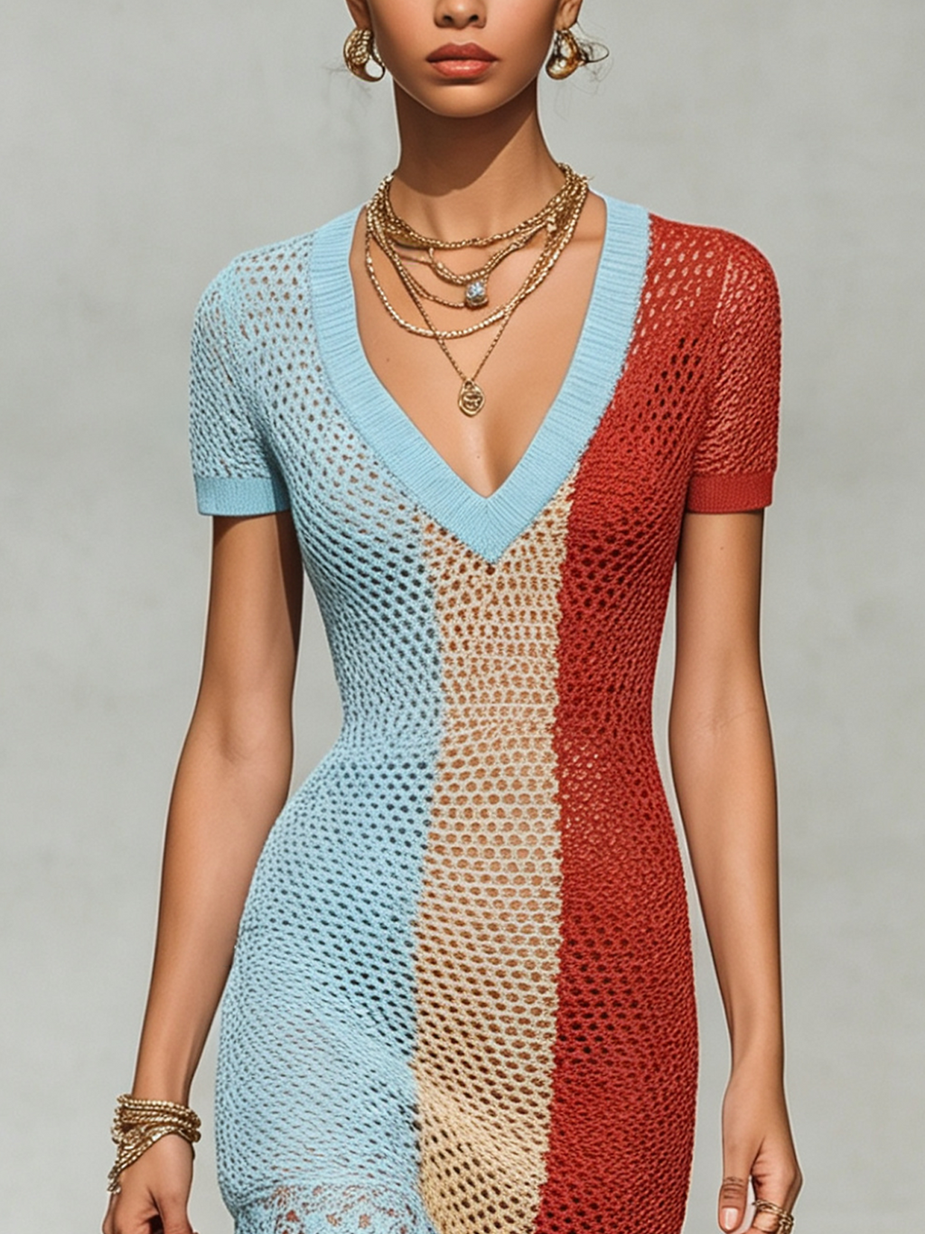 ColorBlock V-Neck Knit Bodycon Mini Dress With Lace Patchwork Hem