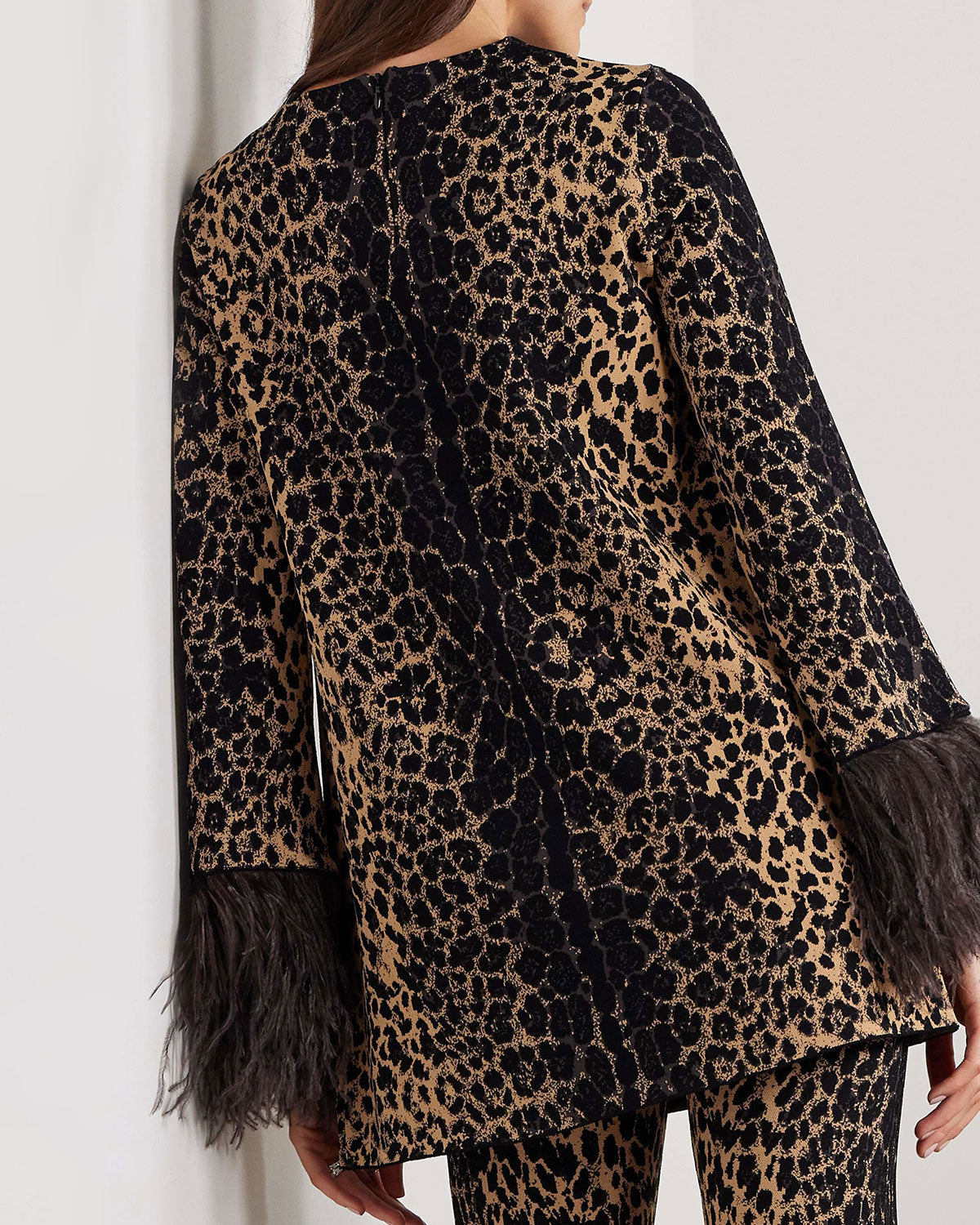 Feather-Trimmed Jacquard-Knit To And Pants Two-Piece Set