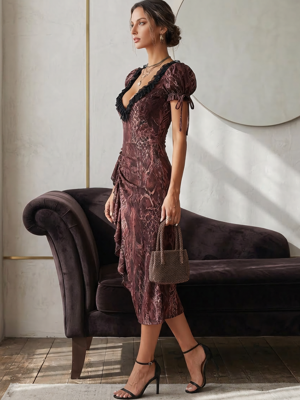 Burgundy Abstract Leopard Print Ruched Bodycon Dress With Side Slit