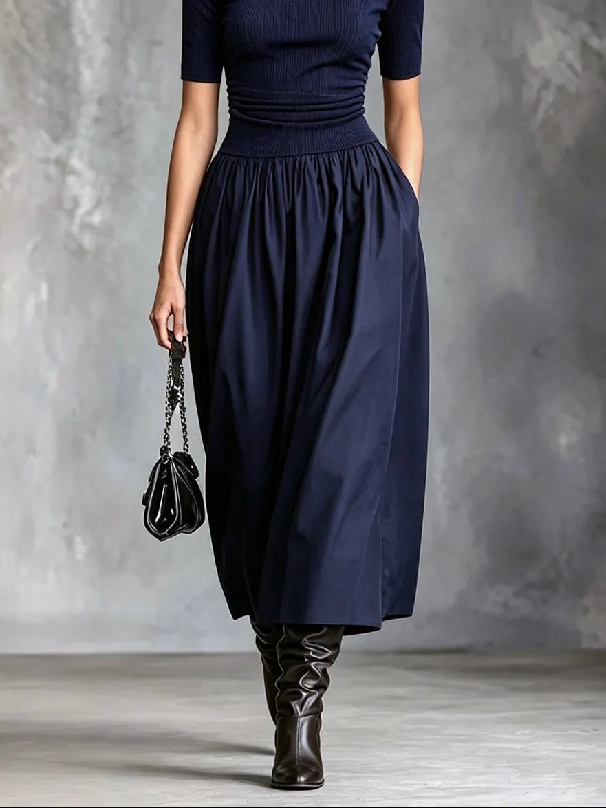 Casual navy blue crew neck short-sleeved top and midi skirt set