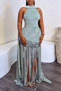 Women Neck Cinching Waist Nail Bead Patchwork Tassel Dress+ Shawl Elegant Temperament Set