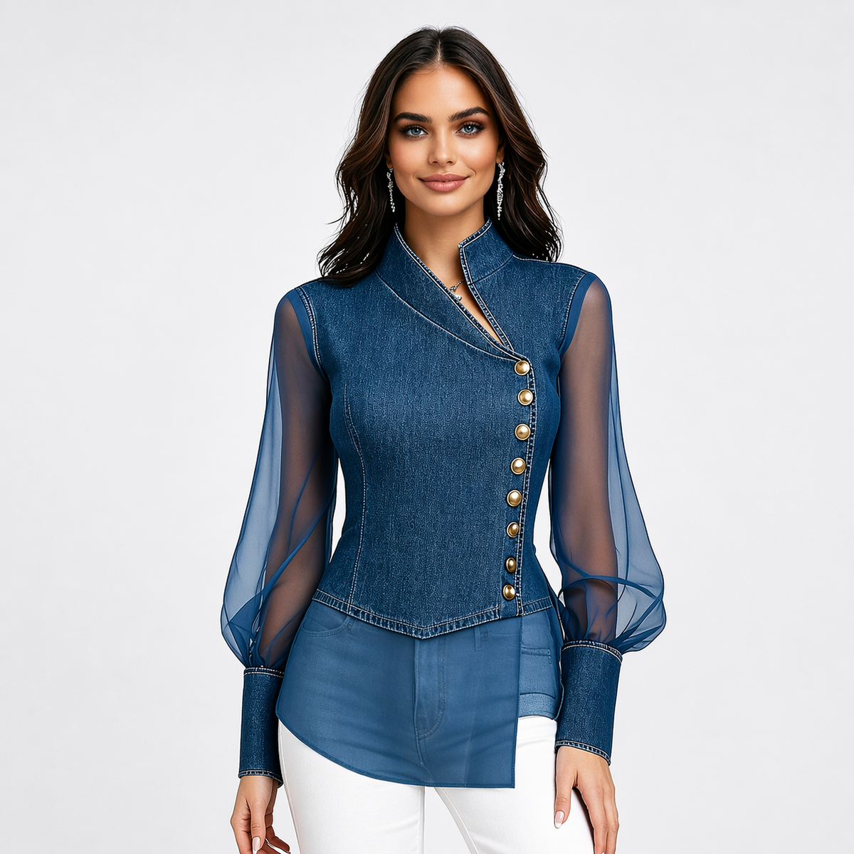 Blue Denim Sheer Mesh Blouse
