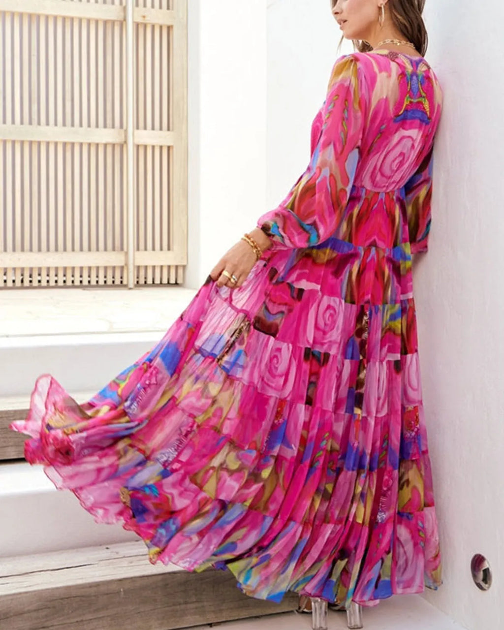 PINK ROSE V NECK SHIRRED MAXI DRESS