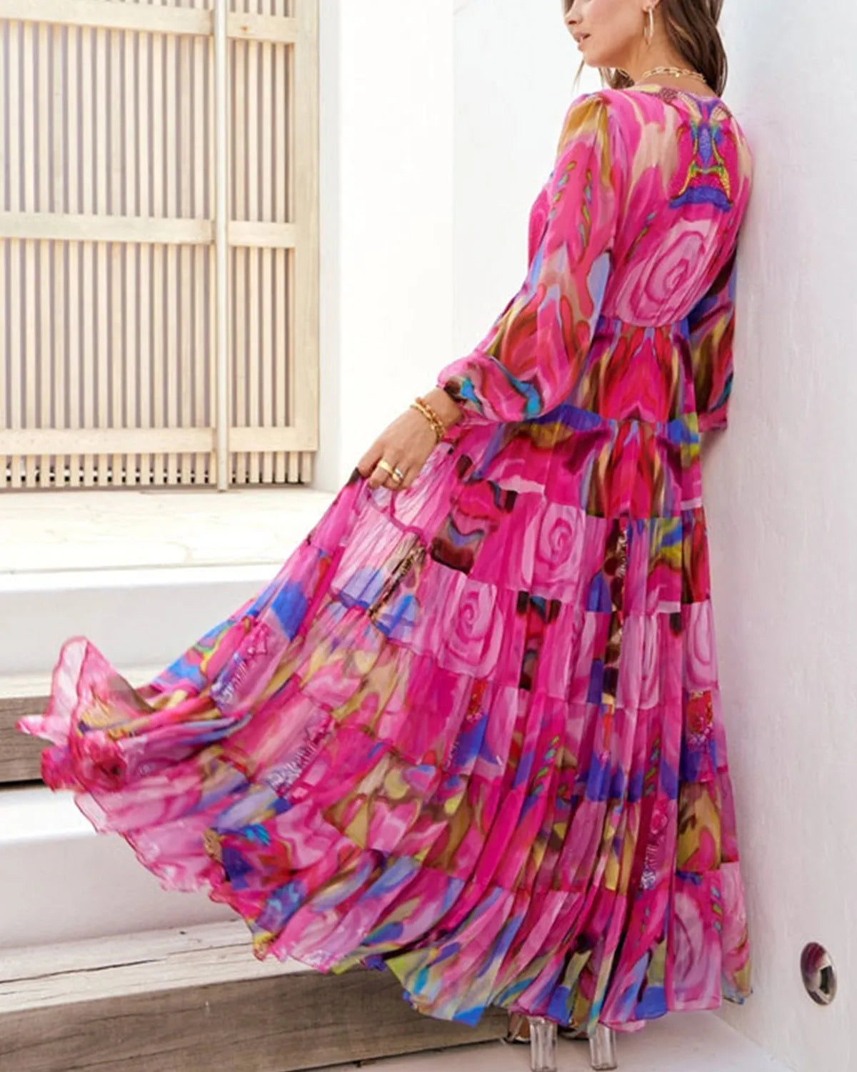 PINK ROSE V NECK SHIRRED MAXI DRESS