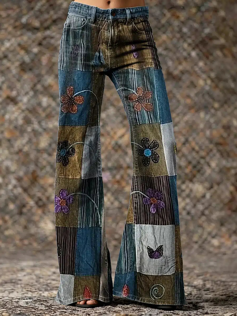 Women's Bohemian Patchwork Art Print Casual Washed Pants