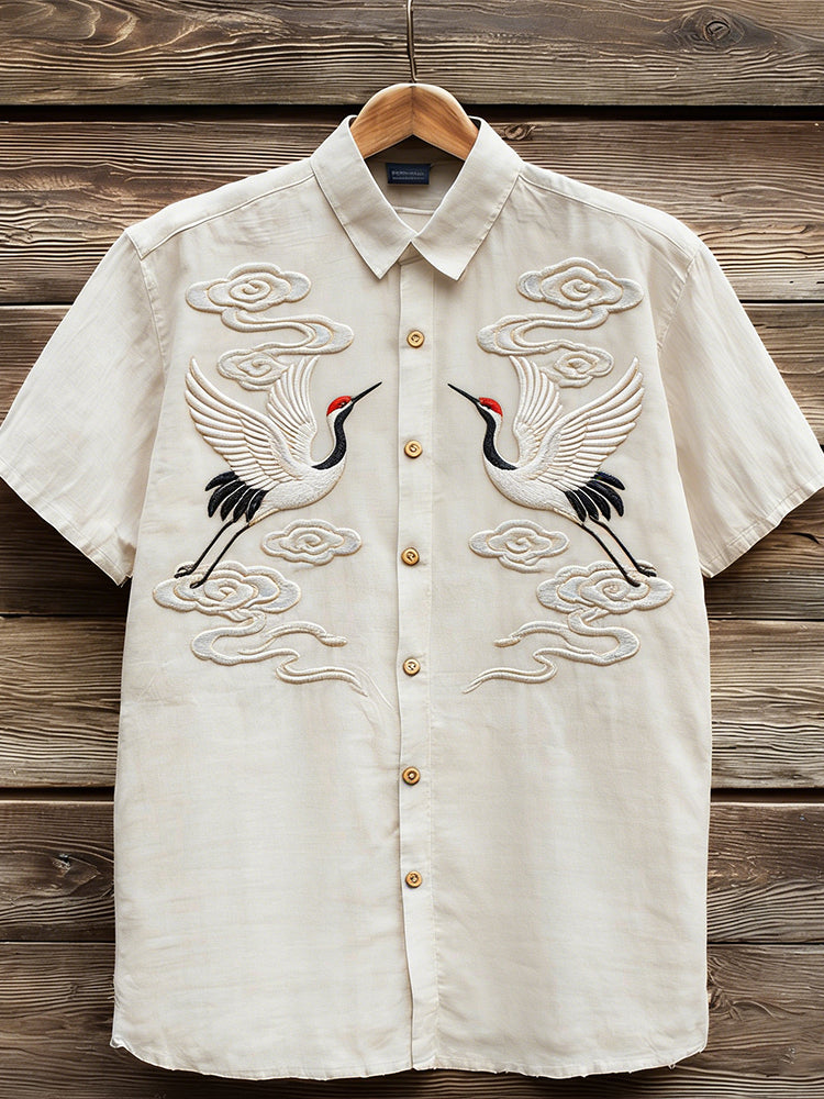 Vintage Clouds & Cranes Art Short Sleeve Linen Shirt