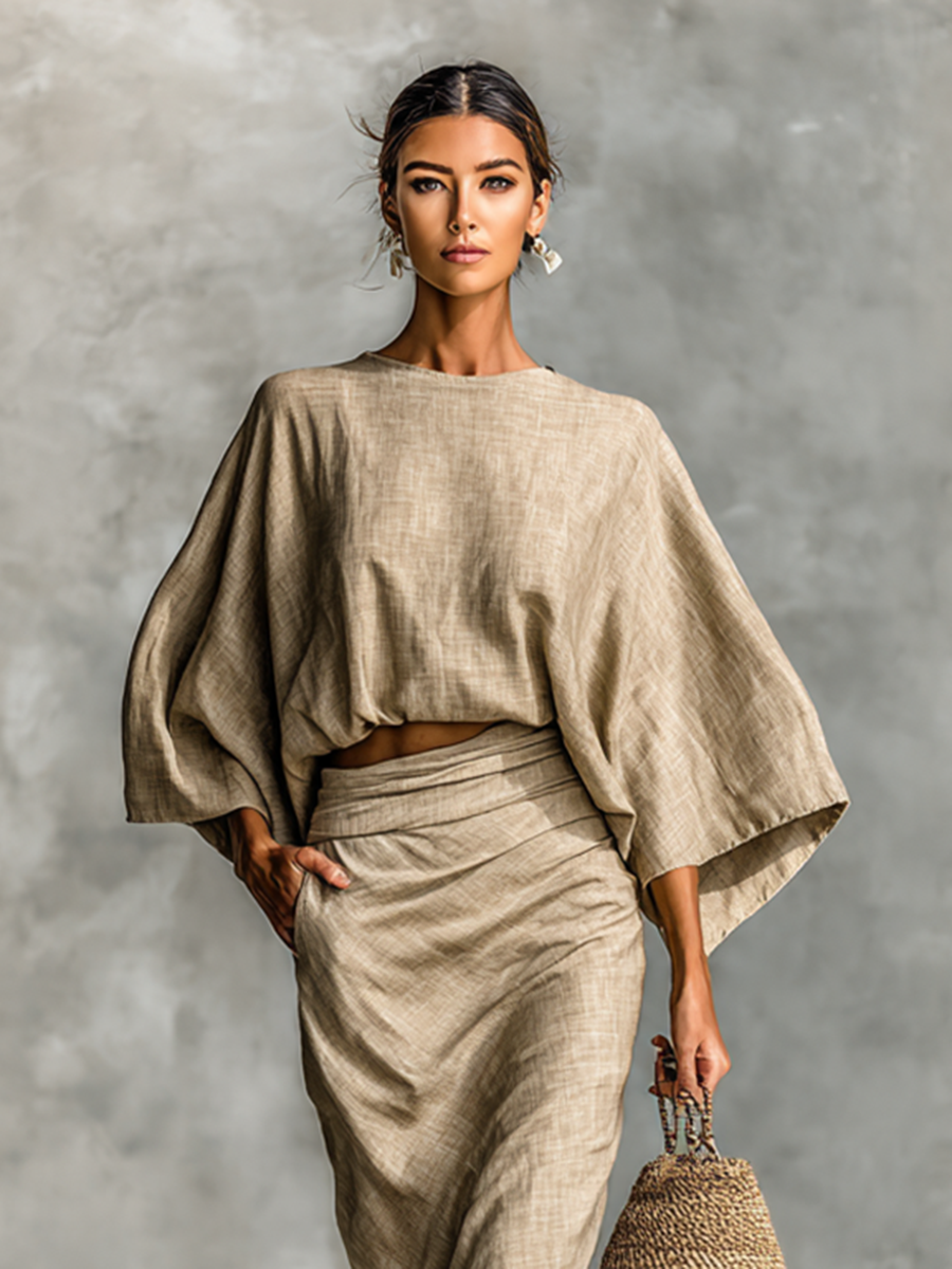 Women's Cotton And Linen Blend Bat Sleeve Long Skirt Two-piece Set MDA2288G4Y