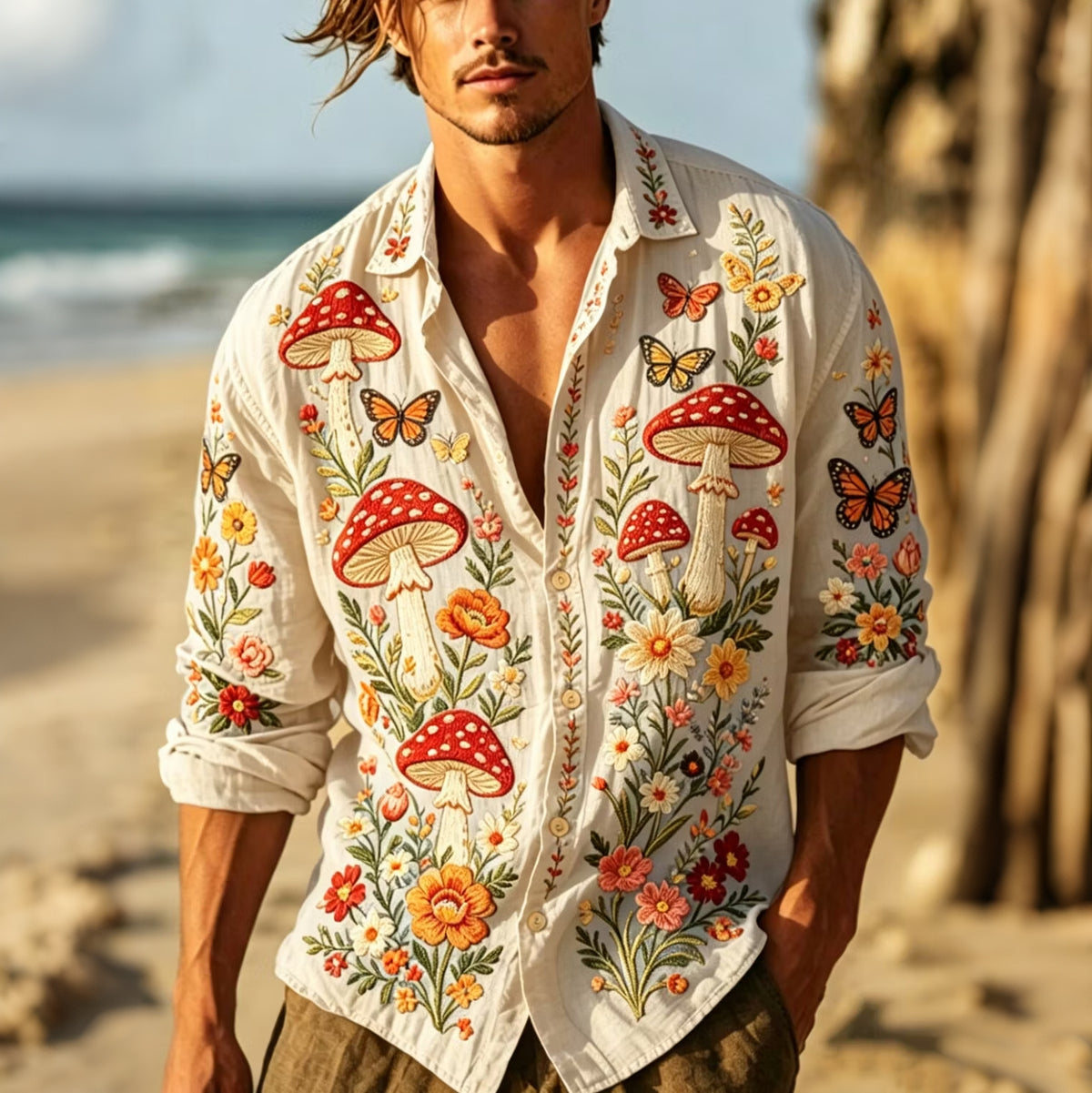 Men's Hippie Vintage Mushroom Print Long Sleeve Linen Shirt