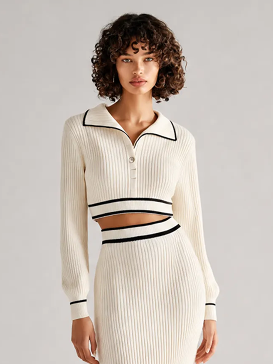 Women's Elegant Off-white Ribbed-Knit Lapel Long-Sleeve Contrast-Trim Cropped Top & High-Waisted Bodycon Midi Skirt Set MDZ2452G5CMX