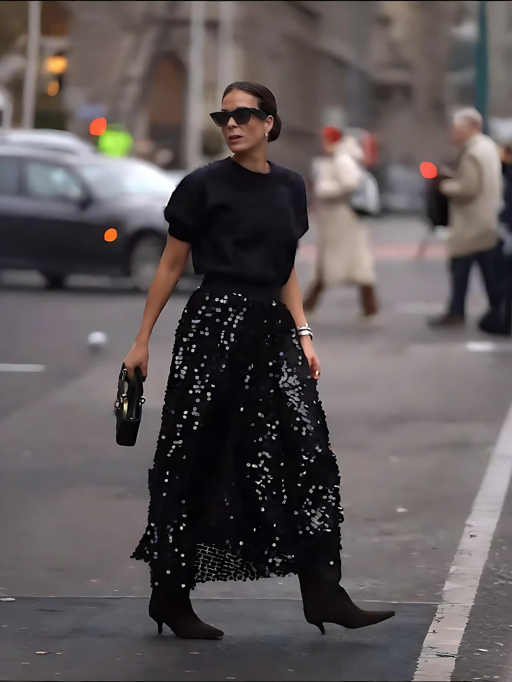 Black Sequin Tulle Midi Skirt