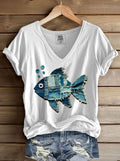 Fish Denim Patchwork Art Print V-neck Casual T-Shirt