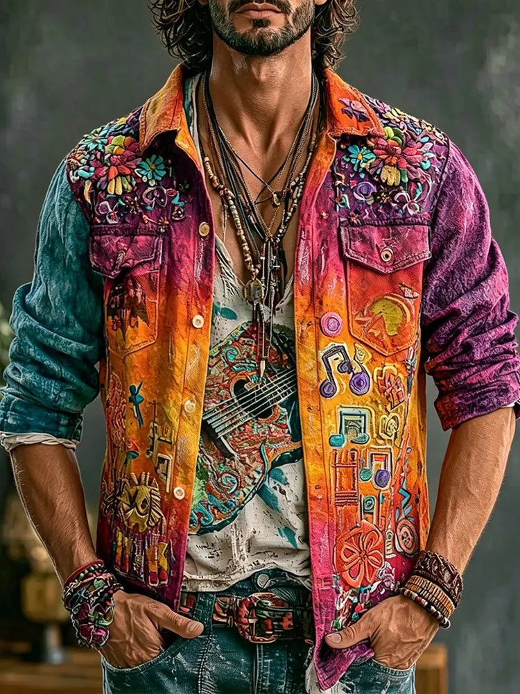 70s Gypsy Multicolor Floral Embroidered Denim Vest, Distressed Color Block Music Print Casual Layering Waistcoat
