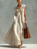 Beige Linen Blend Sleeveless Embroidered Maxi Dress