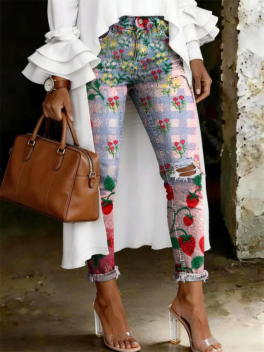 Women's Fashion Casual Multicolor Strawberries Art Print Ripped Skinny Jeans