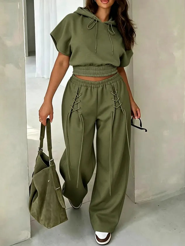 Casual Plain Lace-up Straight Pants