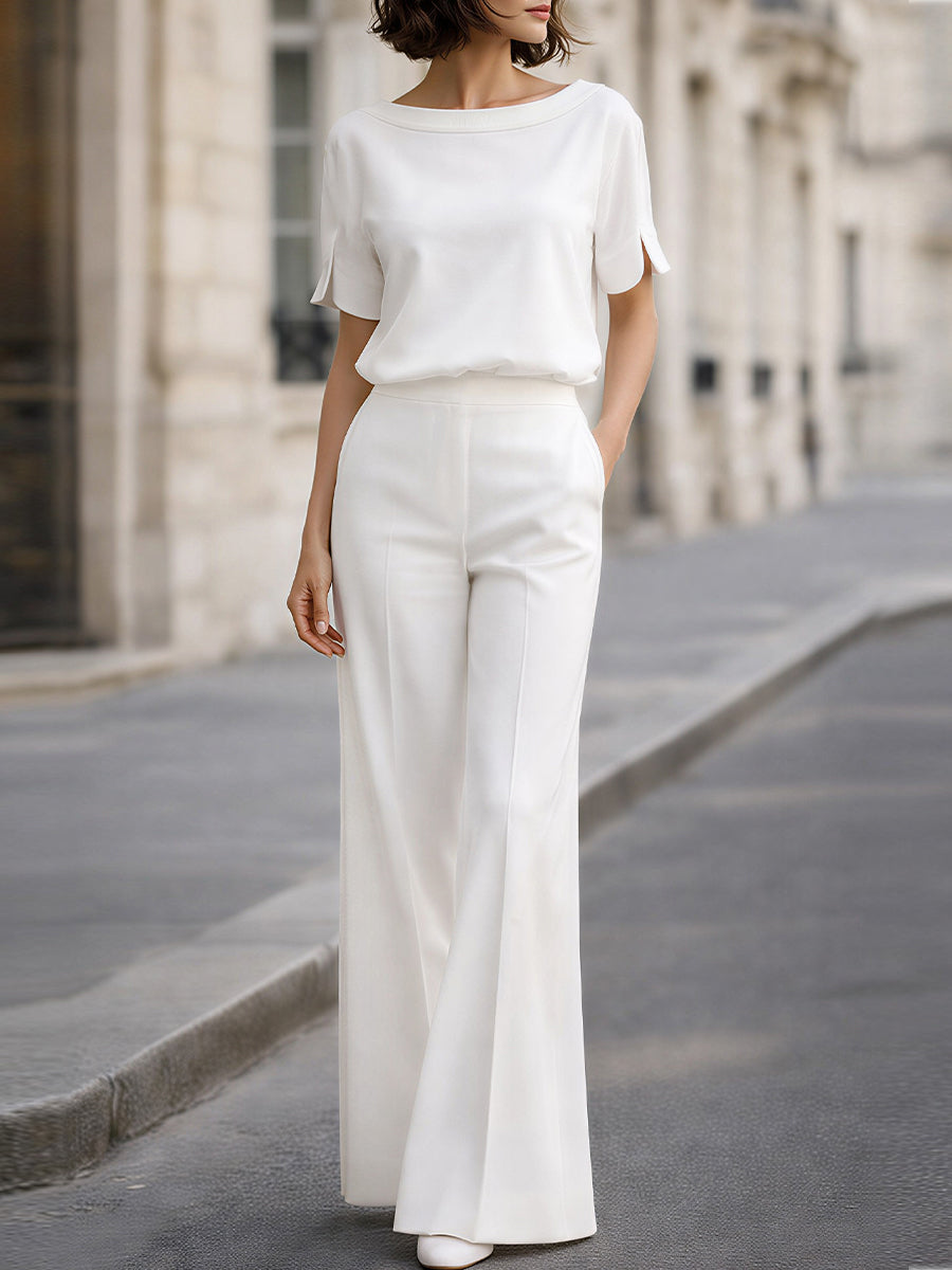 Boat Neck Split-Sleeve Blouse & High-Waisted Wide-Leg Pants