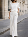 Boat Neck Split-Sleeve Blouse & High-Waisted Wide-Leg Pants