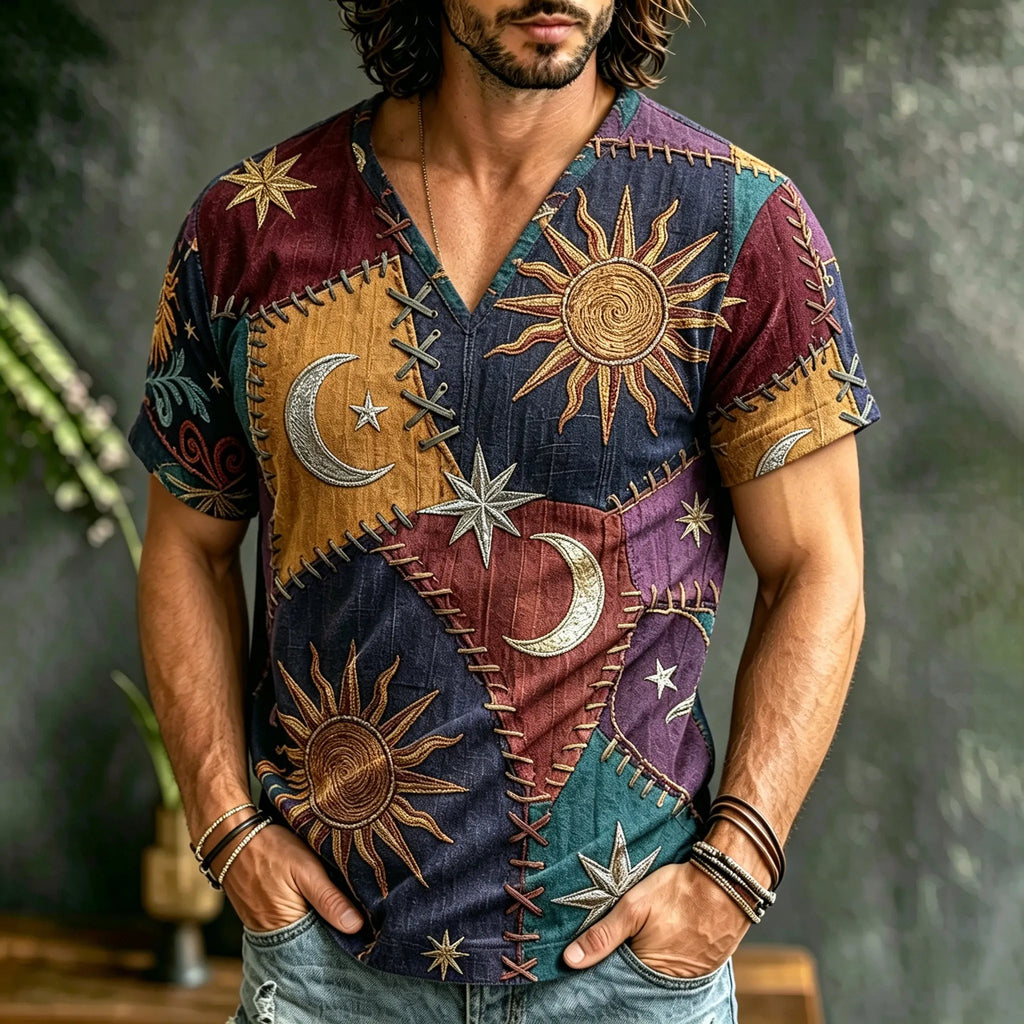 Men's Hippie Sun Art Geometric Patchwork Print Casual V Neck T-shirt