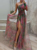 Multicolor One-Sleeve Waist Rose Detail Feather Tulle  Evening Dress