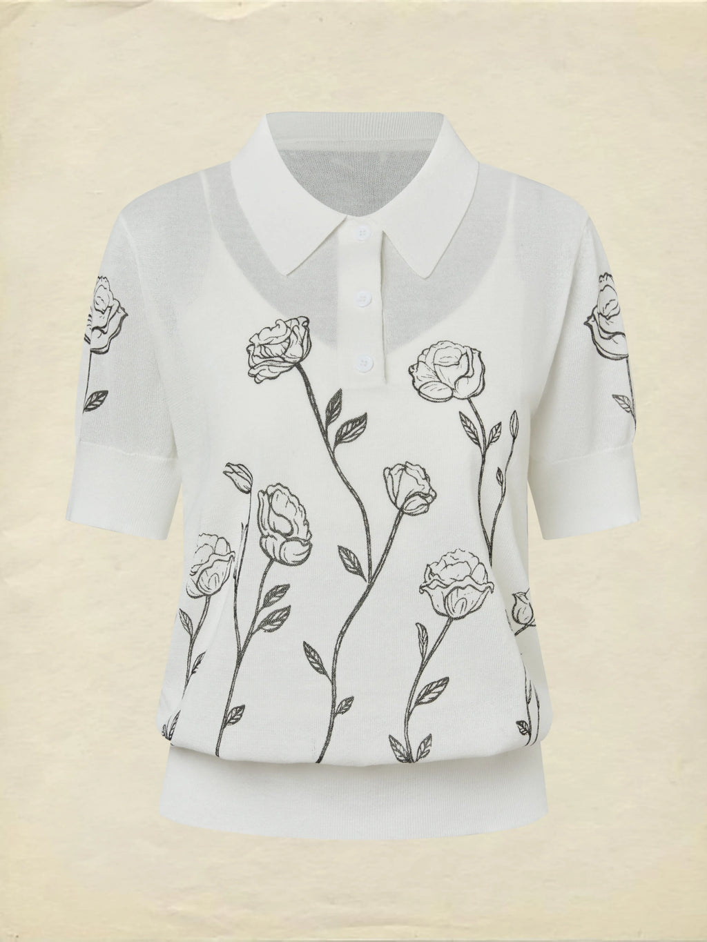Sweater, Short Sleeves, Shawl Collar, Floral, Button Design, Inner Vest Not Included, White