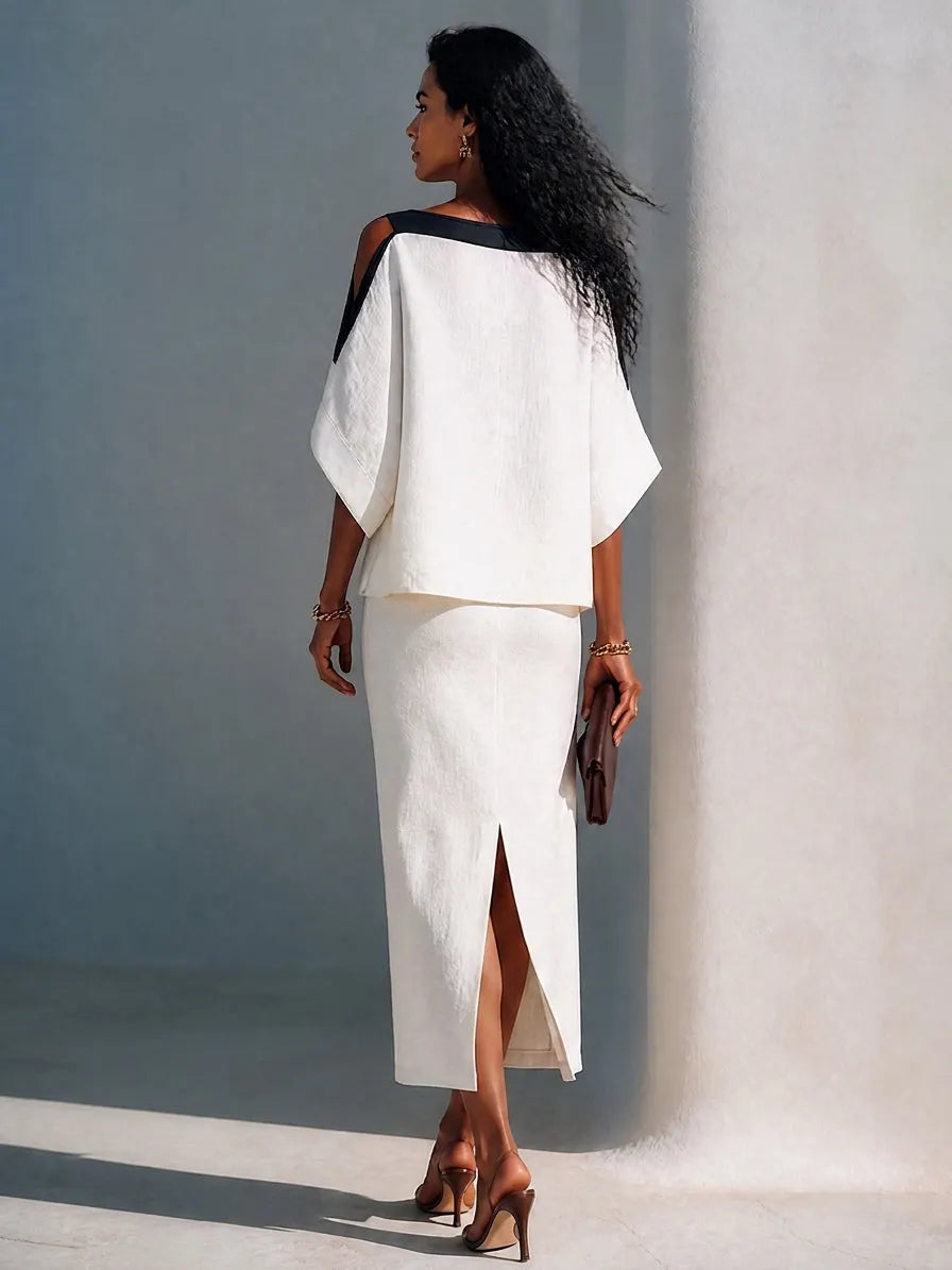 Women's Linen-Blend Batwing-Sleeve Top And Midi Skirt Two-Piece Set MDZ2993G0ZRK