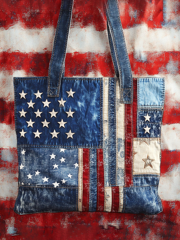 Independence Day Denim Patchwork Print Canvas Bag
