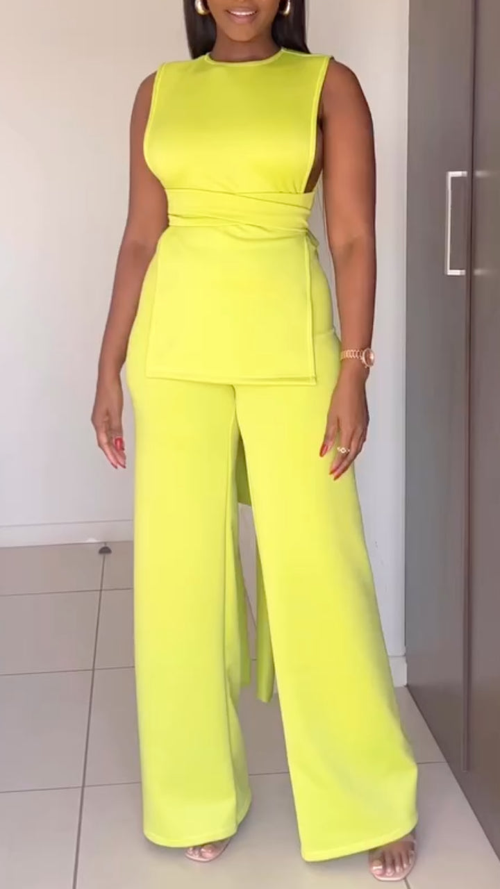 Women's Round Neck Tie-up Top + Fluorescent Casual Pants Set