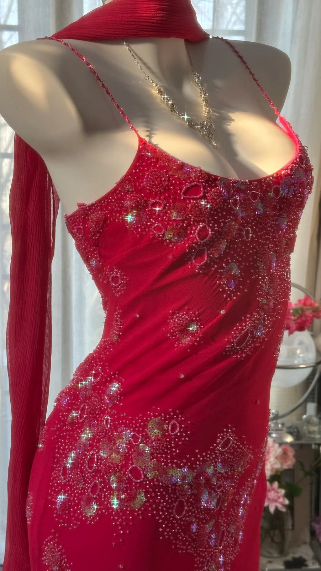 Red Romantic Gorgeous Fashion Elegant Exquisite Beaded Long Chiffon Ball Gown Evening Dress Birthday/Wedding Guest/Vacation Party Dress Prom Dress Valentine's Day Date Dress 4027