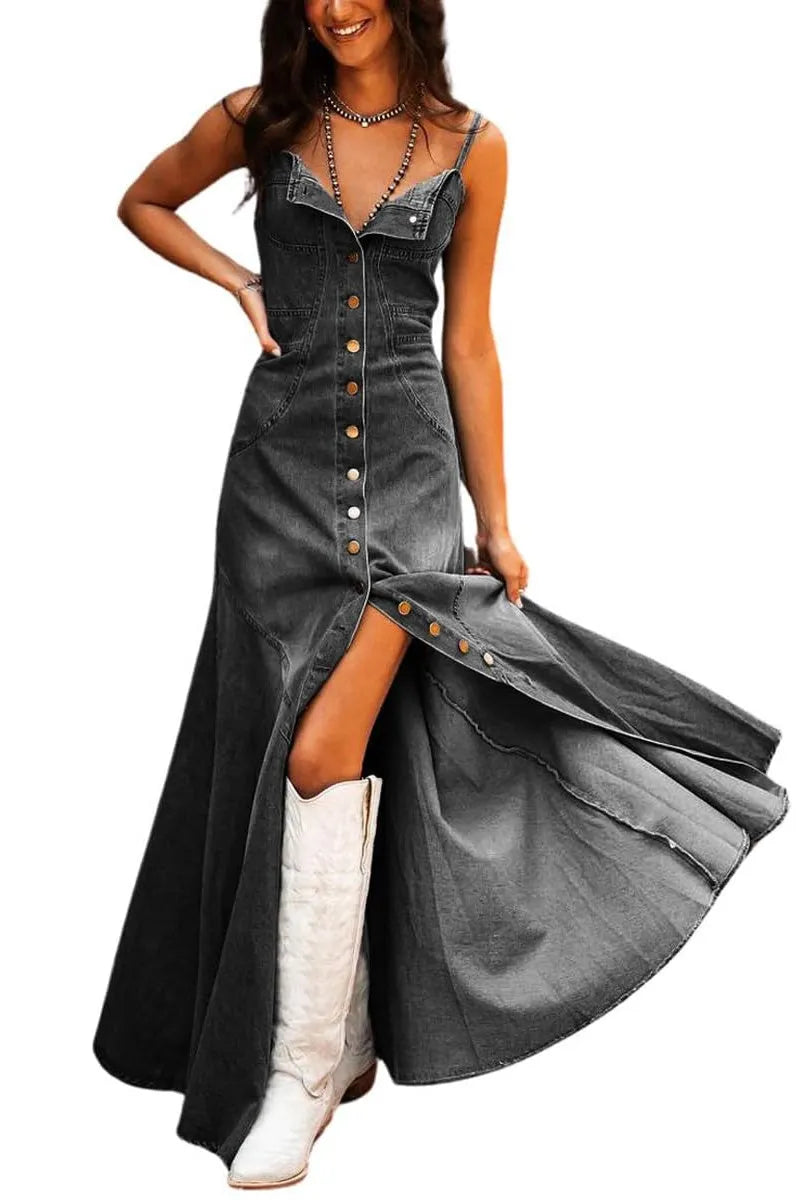 Women's Spaghetti Strap Smocked Back Denim Dress Button Down A-Line Swing Flowy Maxi Jean Dress