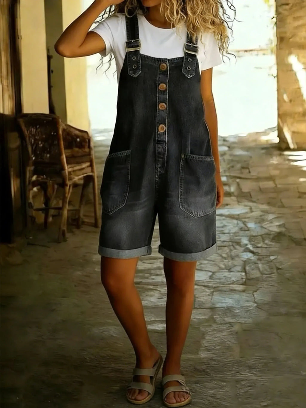 Women's Y2K Denim Shortalls Button Front Wide Leg Loose Bib Jean Overalls Shorts Romper Jumpsuits Vintage
