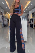 Women U-neck Spliced Denim Top+ Side Hollowed Out Spliced Denim Pants Casual Set