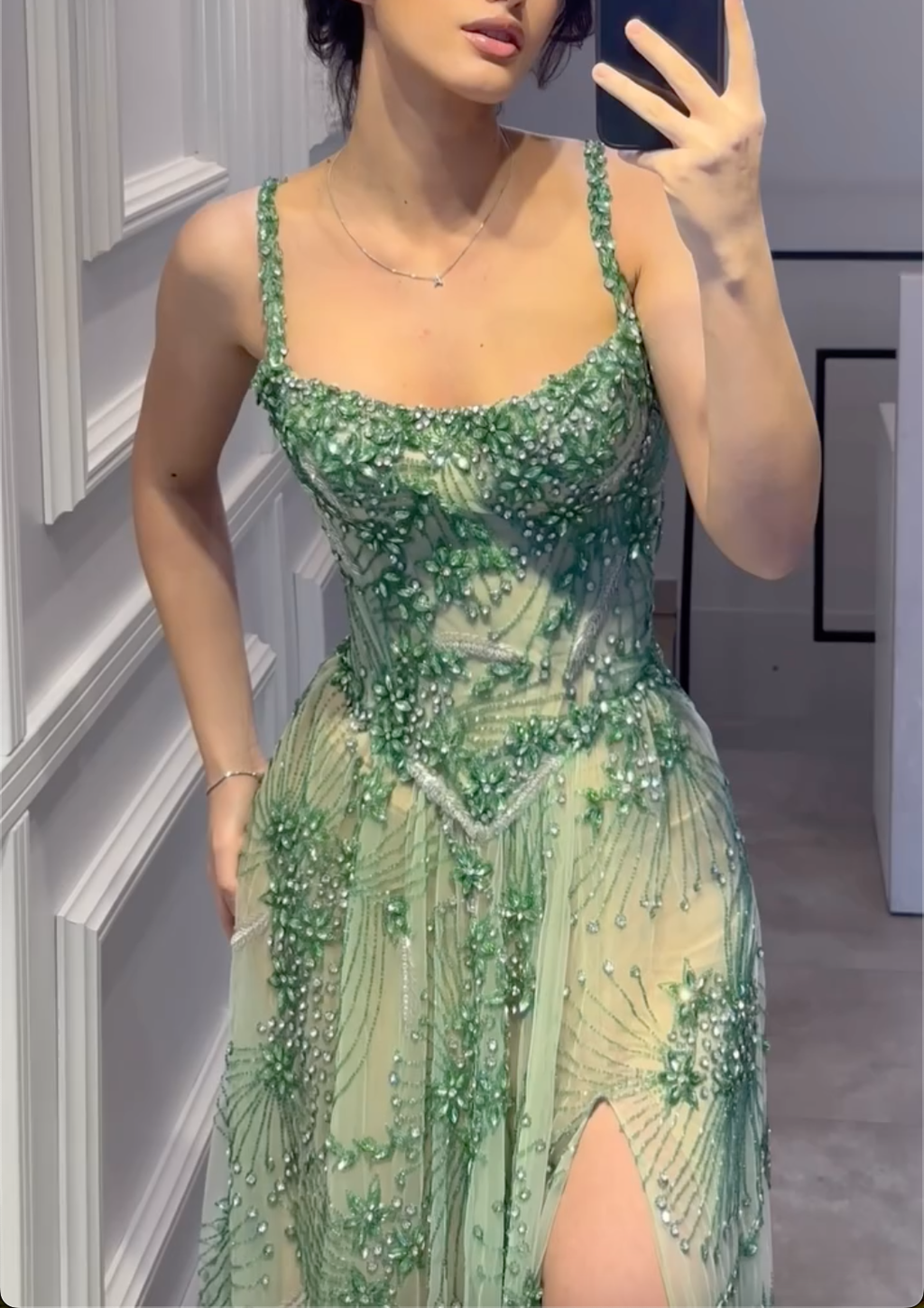 Green/Lavender Rhinestone Square Neck Maxi Dress with Sheer Mesh & High Slit