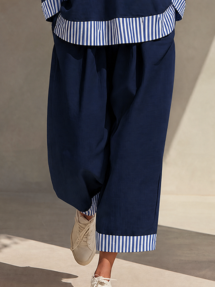 Women's Navy Cotton Blend Half Zip Stand Collar Striped Trim Top & Wide Leg Pants Two-Piece Set MDZ2464G0ZRK