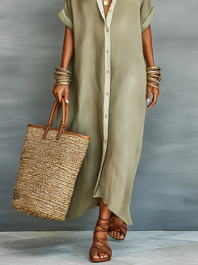 Casual Colorblock Relaxed Maxi Shirt Dress
