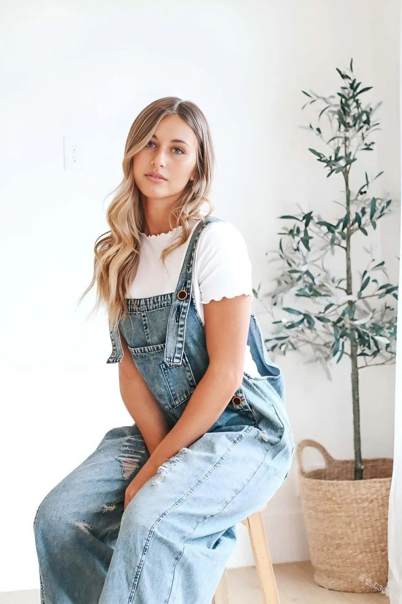 Women's Casual Adjustable Straps Denim Bib Overalls Distressed Ripped Wide Leg Jeans Long Pants Jumpsuits