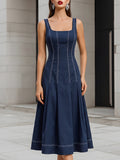 Contrast Stitch Sleeveless Square Neck Midi Fit-and-Flare Dress