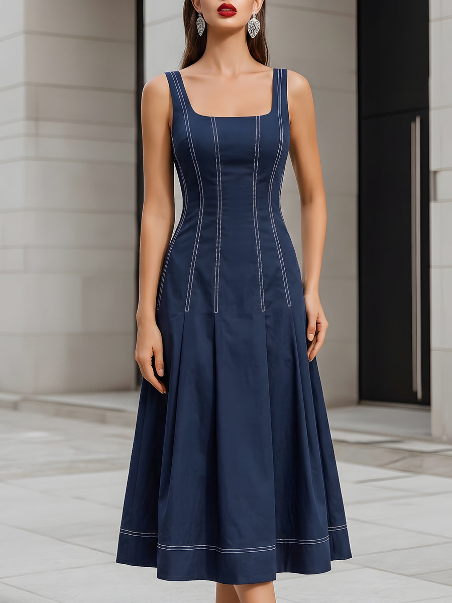 Contrast Stitch Sleeveless Square Neck Midi Fit-and-Flare Dress
