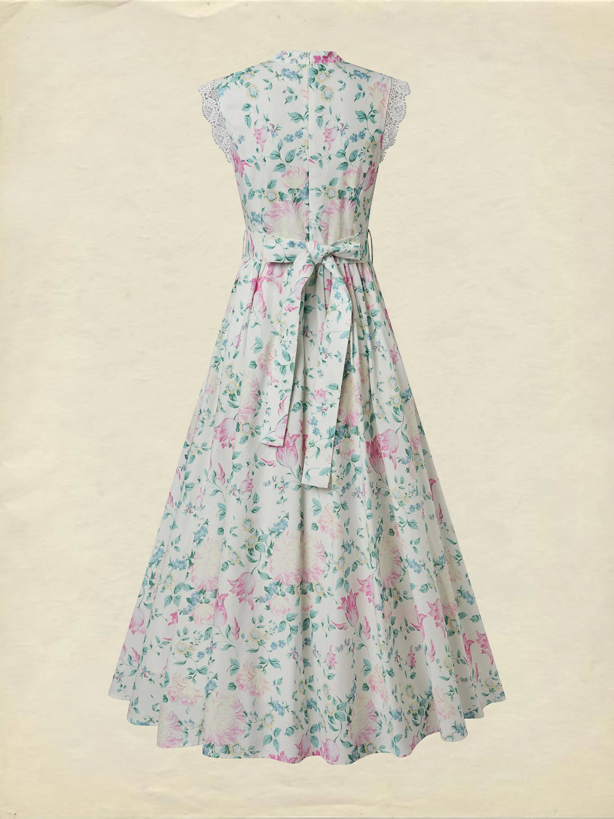 Maxi Cotton Dress, Sleeveless, V Neck, Floral, Lace, Vacation, Vintage, Apricot