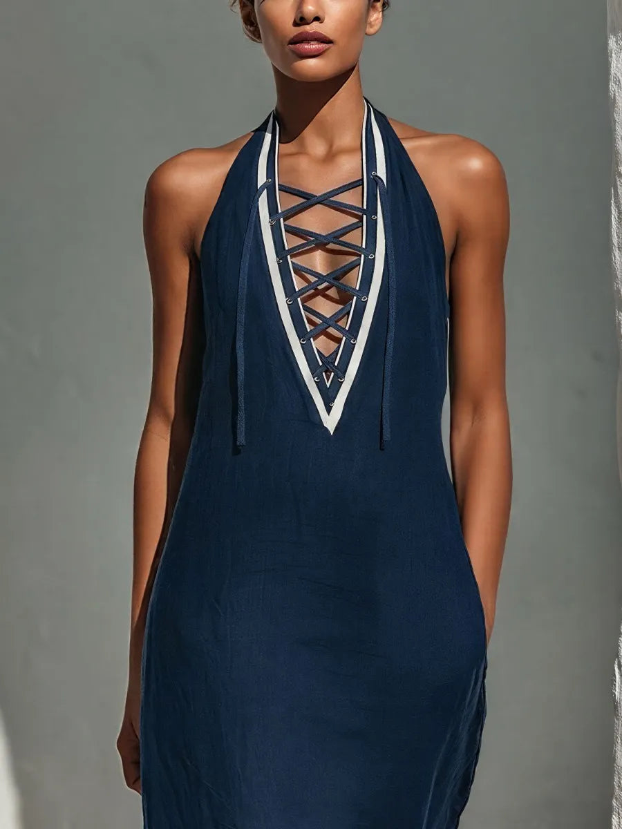 Women’s Navy Blue Linen-Blend Halter Neck Maxi Dress With Lace-Up Front & Contrast Trim MDZ2822D1T