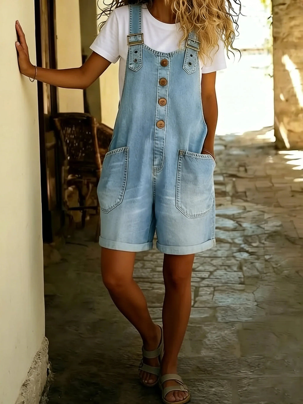 Women's Y2K Denim Shortalls Button Front Wide Leg Loose Bib Jean Overalls Shorts Romper Jumpsuits Vintage