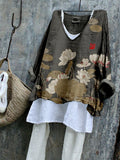 Vintage Lotus Flower Art Linen Blend Flowy Tunic