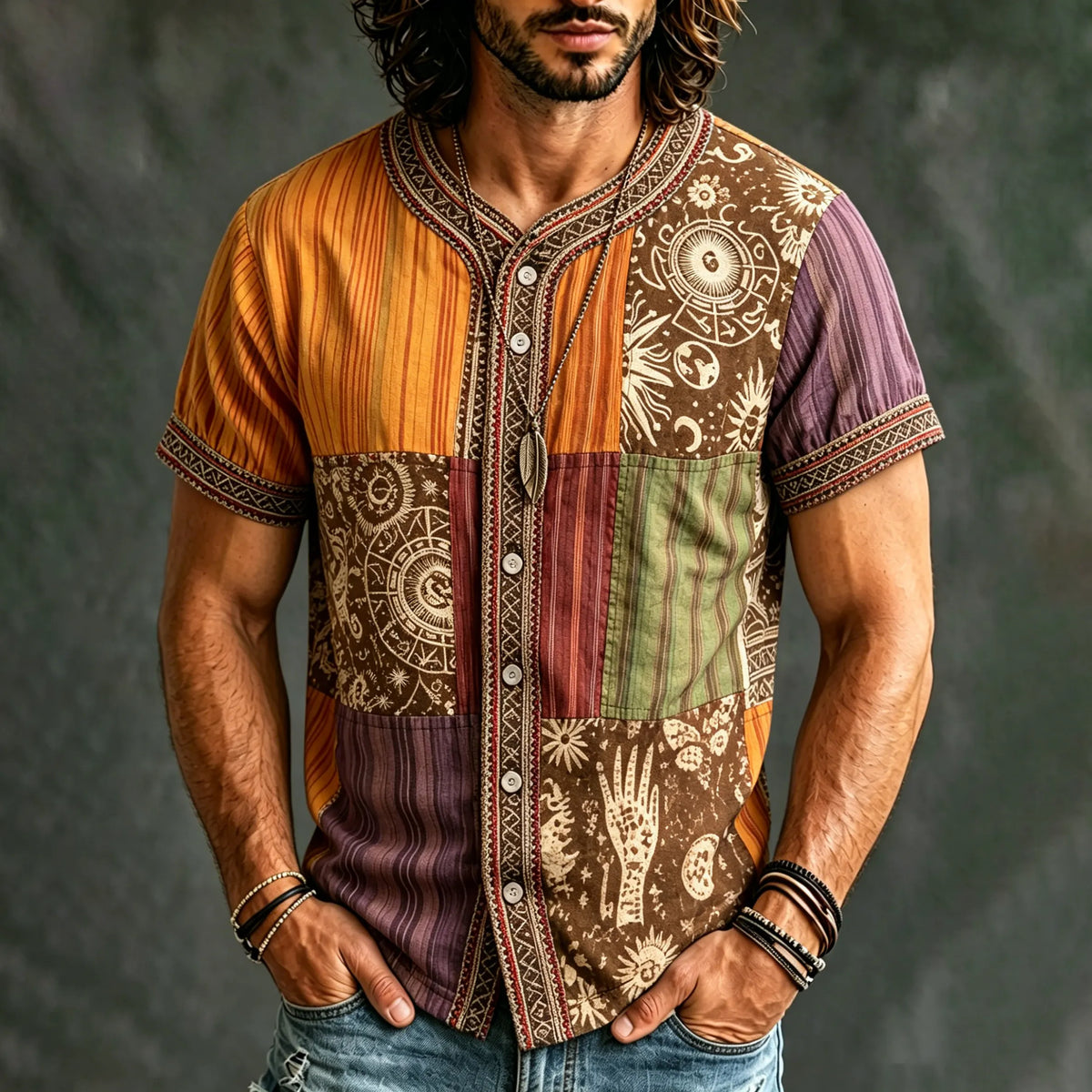 Men's Retro Ethnic Patchwork Short-sleeve Cotton Linen Shirt