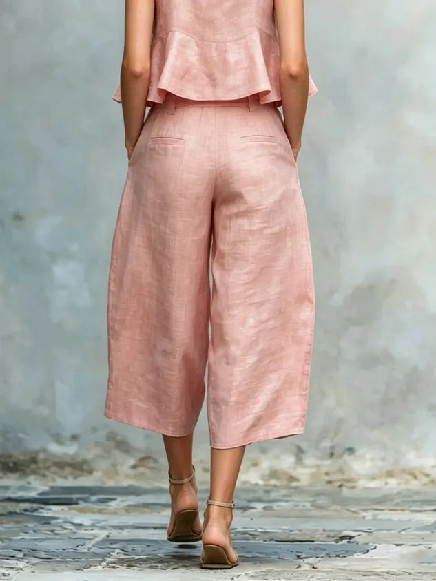 Casual Solid Relaxed Cropped Lace-up Wide Leg Pants