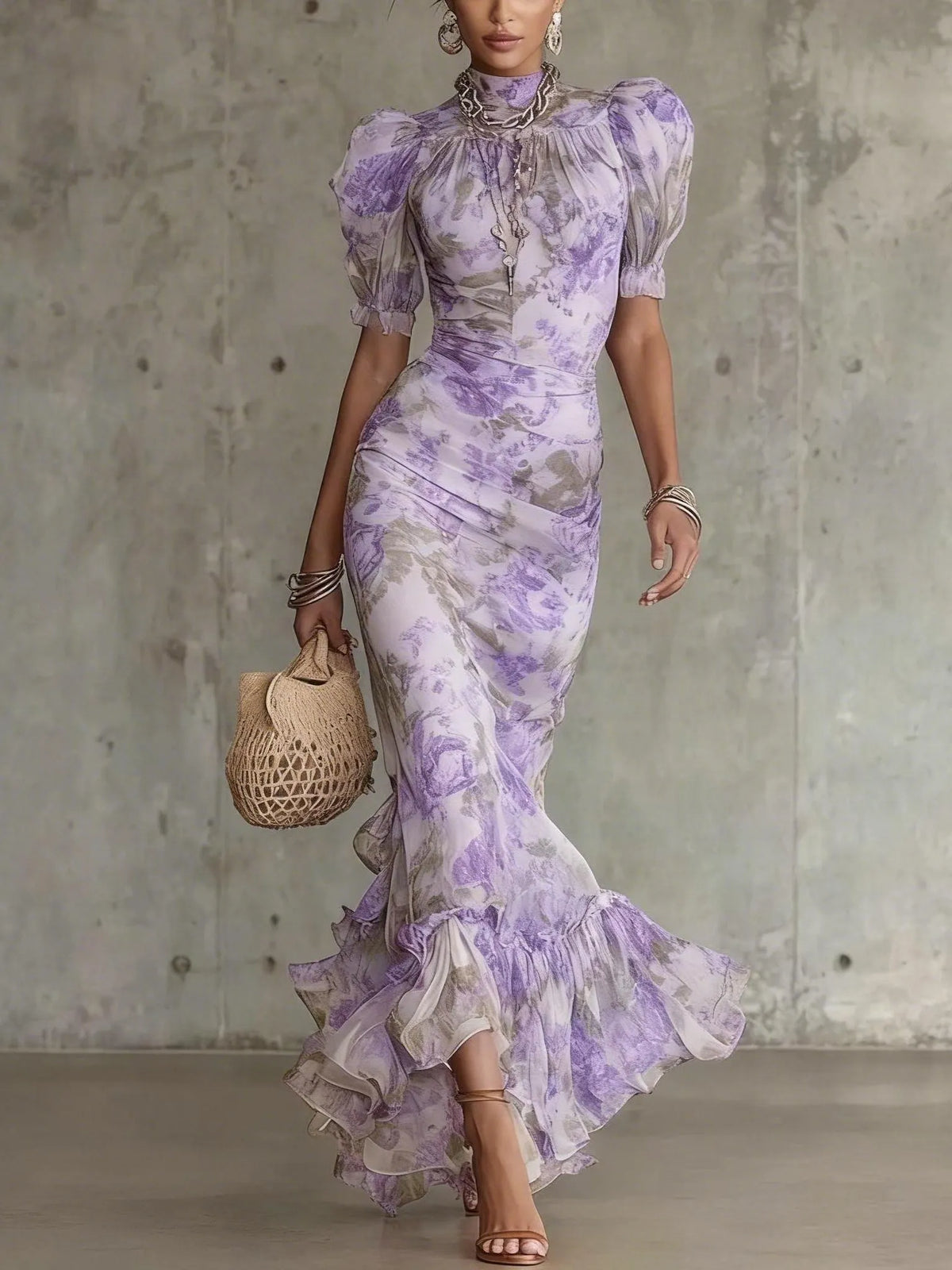 Purple Vintage Rose Print Long Dress with Puff Sleeves (Accessories Not Included)