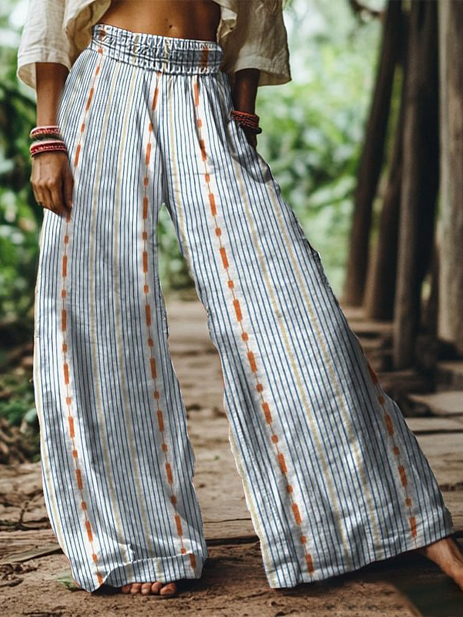 Blue & Orange Geometric Stripe Cotton-linen Elastic Waist Wide-leg Pants