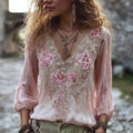 Boho Pink Floral Beaded Lace Flowy Linen Tunic