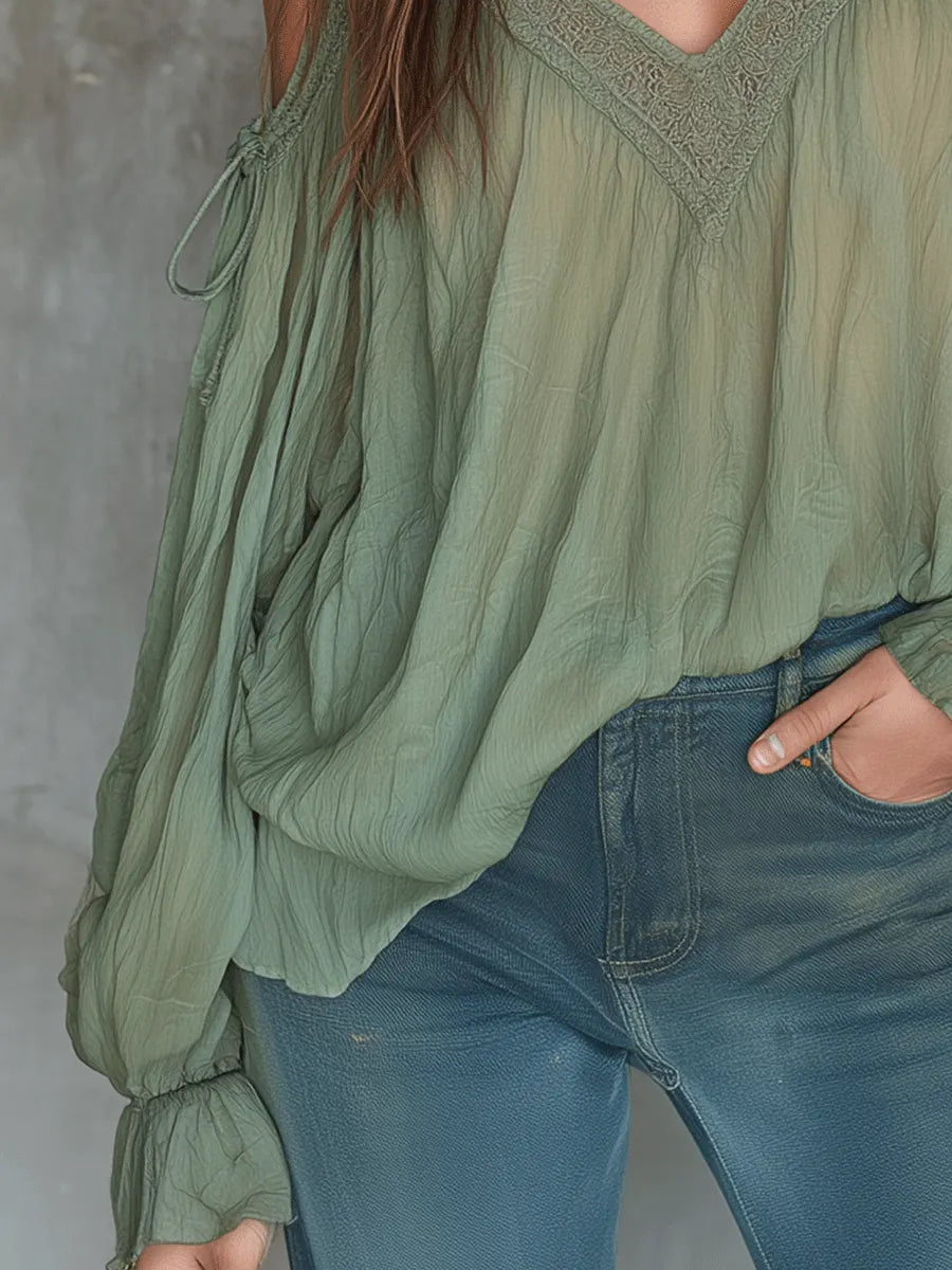 Boho V-Neck Off-Shoulder  Lace Blouse