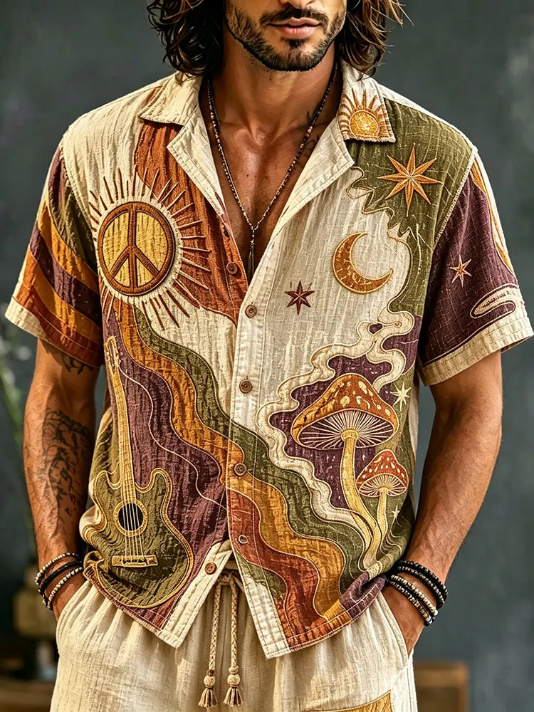 Men's Hippie Retro Sun And Moon Psychedelic Mushroom Color-blocked Cotton And Linen Shirt