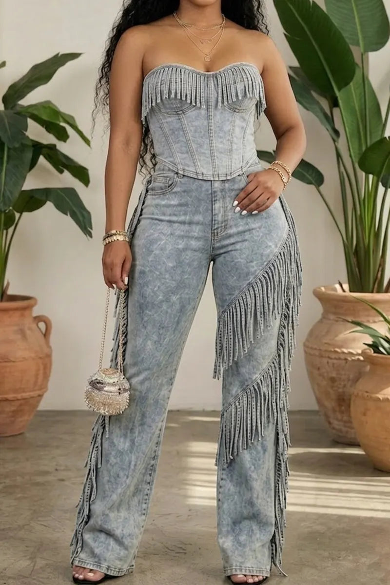 Women's Casual Strapless Fringed Denim Top Or Fringed Wide Leg Jeans